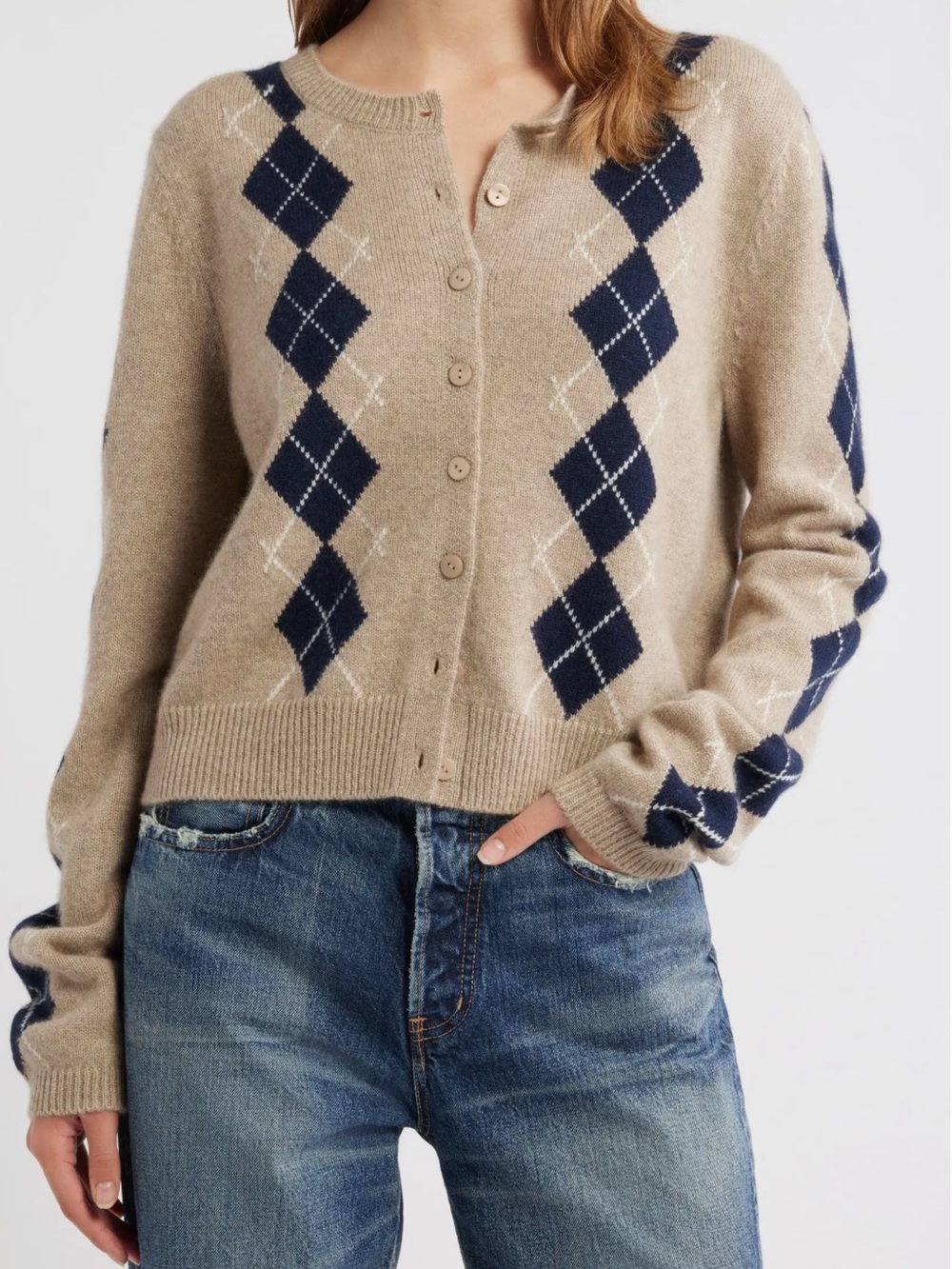 Reformation Women’s Clara Cashmere Cardigan with beige and Navy Diamonds - Picture 2 of 10